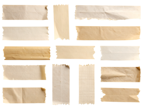 Collection of old, ripped, and textured paper pieces with tape on a grunge wood background