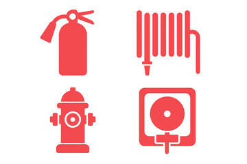 Fire safety symbols: extinguisher, hose, hydrant, alarm icons in red
