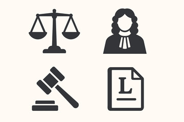 Legal symbols: scales, judge, gavel, legal document icon set