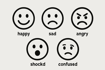 Illustration of various emotional faces: happy, sad, angry, shocked, confused