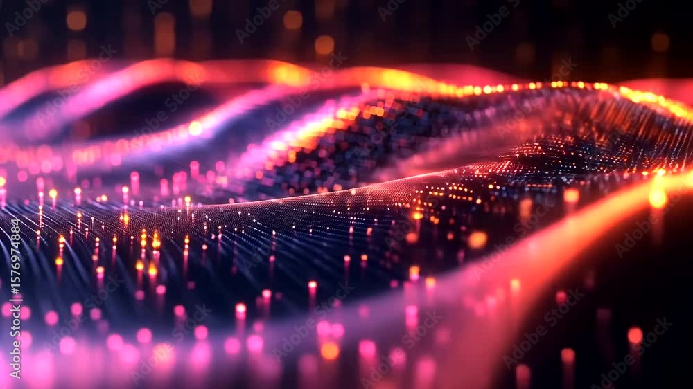 Poster abstract flowing data landscape with glowing dots and vibrant colors visualization