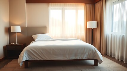Elegant hotel bedroom with morning sunlight streaming through curtains, creating a serene and inviting atmosphere.