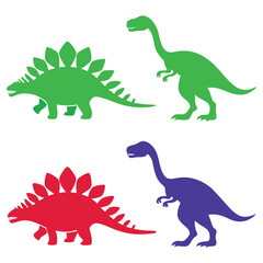 Colorful Dinosaur Silhouettes Depicting Stegosaurus and Brontosaurus Species in Vivid Red, Green and Blue on a White Background