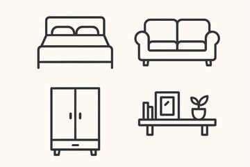 Minimalist icon set featuring bed, sofa, wardrobe, and shelf with plant