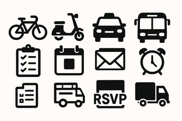 Transportation and planning icons: bicycle, scooter, taxi, bus, calendar, rsvp, delivery truck