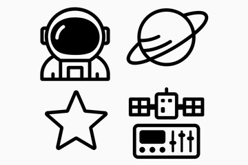 Space icons set: astronaut, planet, star, satellite in black and white