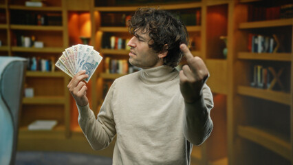 Hispanic man in library holding polish zloty banknotes and making a rude gesture shows anger and...