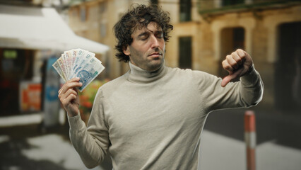 Hispanic man outdoors holds polish zloty banknotes with a thumbs-down gesture, expressing...