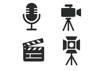 Media production icons: microphone, camera, clapboard, lighting equipment