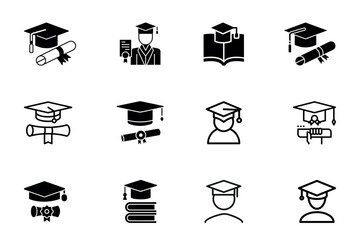 Collection of black silhouette graduation cap and education icons set, vector illustration