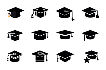 A versatile set of black education icons, featuring graduation caps, diplomas, and books, ideal for representing academic achievement and student success at school or university