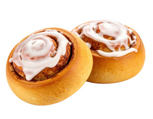 Fototapeta premium Two cinnamon rolls topped with white icing, showcasing a golden-brown crust and a soft, swirled texture.
