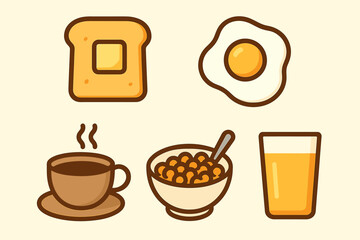 Cartoon breakfast items: toast, egg, coffee, cereal, orange juice icons