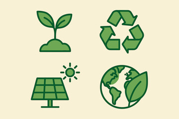 Sustainable energy and recycling icons: solar panel, recycling, earth, plant