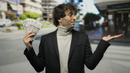 Hispanic man outdoors in a city street holding saudi riyal banknotes with hand extended suggesting...