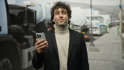 Man holding smartphone in city street wearing turtleneck and jacket surrounded by urban vehicles...