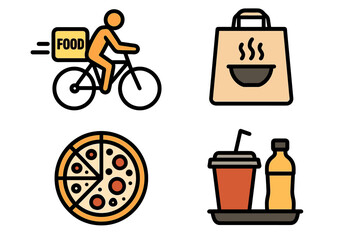 Food delivery icons: bicycle courier, takeout bag, pizza, beverage tray