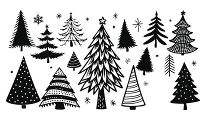 Obraz premium Whimsical collection of handdrawn christmas trees, each uniquely styled and arranged in a festive composition, evokes the spirit of the holiday season isolated on white background