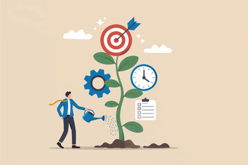 Businessman watering a growing plant with a target on top representing business growth goal achievement and strategic planning with time management and task completion isolated on transparent backgrou