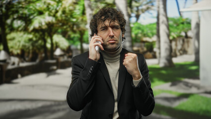 Young man standing in park outdoors on phone showing determined expression with trees in...
