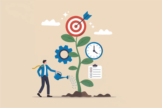 Businessman watering a growing plant with a target on top representing business growth goal achievement and strategic planning with time management and task completion isolated on transparent backgrou - Powered by Adobe