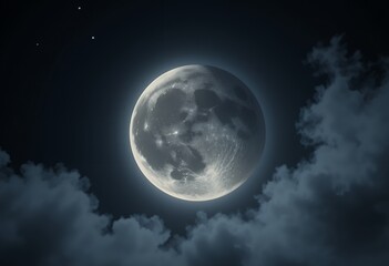 Bright luminous full moon glowing softly in a dark cloudy night sky