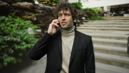 Young man speaking on smartphone in city street wearing turtleneck and blazer, exuding confidence...