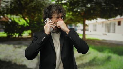 Young hispanic man outdoors in a park holding his nose while talking on a smartphone, dressed in a...
