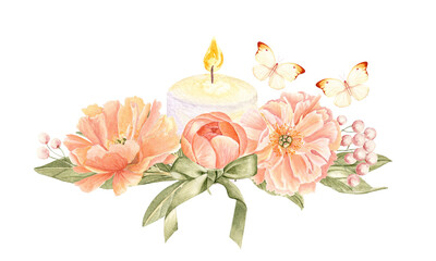 Obraz premium Peach peonies, green leaves, blush berries, a lit candle, green ribbon, and butterflies watercolor floral composition. Perfect for romantic designs, invitations, branding, packaging, or greeting cards