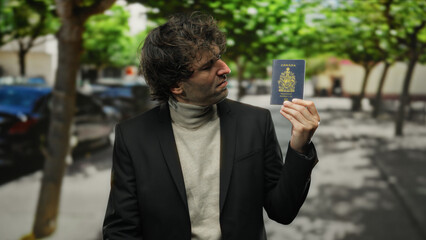 Hispanic man holding canadian passport outdoors in a city street, suggesting travel, identity...
