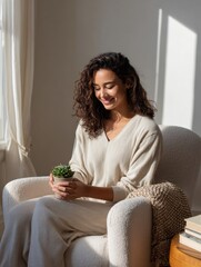 Relaxing woman in cozy living room with plant lifestyle content natural light indoor serenity