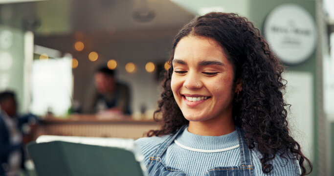 Woman, owner and tablet at food truck outdoor for online order, inventory update and event planning. Smile, female person and digital for price list, menu checklist and vendor application for startup