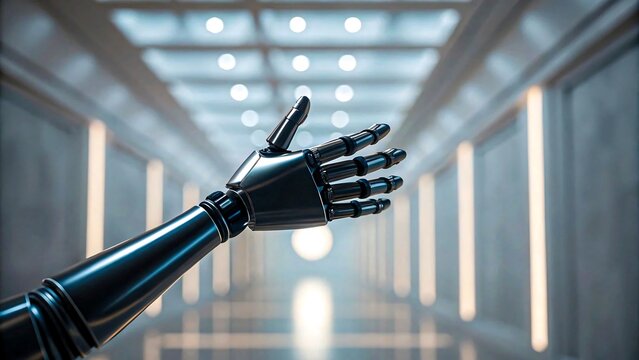 Futuristic robotic hand reaching forward in high tech modern corridor with neon lights for technology and innovation concept
