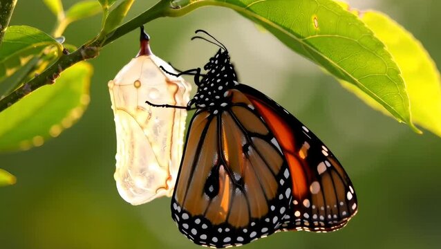 Monarch Butterfly Emerges Near Empty Chrysalis, Nature's Transformation Captured on Film