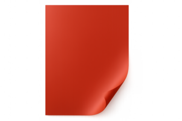 Red paper sheet with curled corner on transparent background, creating a simple yet elegant design element