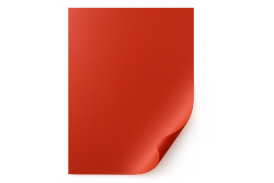 Red paper sheet with curled corner on transparent background, creating a simple yet elegant design element - Powered by Adobe
