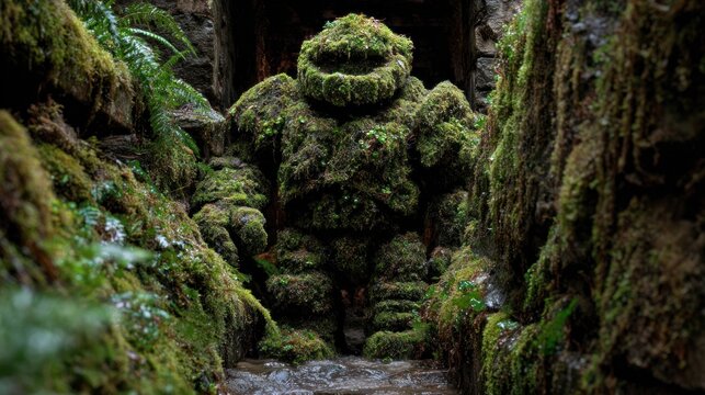 Mossy guardian in a rocky tunnel