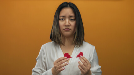 Woman of asian descent tearing a red paper heart against an isolated orange wall background,...