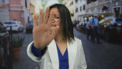 Woman with glasses on city street wearing white coat and blue shirt makes stop gesture showing her...