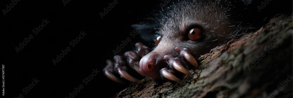 Aufkleber close-up of aye-aye fingers on tree bark with moody lighting featuring an open upper third