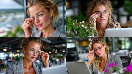 Collage of a woman with glasses rubbing her eye in 4 different office settings