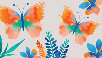 Watercolor butterflies and floral elements in shades of blue orange and green on a light background
