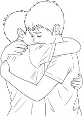 A vector illustration of two young boys hugging each other closely, conveying comfort