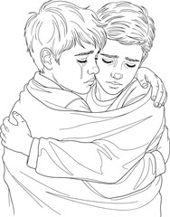  A vector illustration of two young boys hugging tightly, one crying, conveying comfort and shared sorrow.