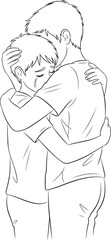 A vector illustration of two young boys hugging tightly, with one crying, conveying comfort and emotional support.