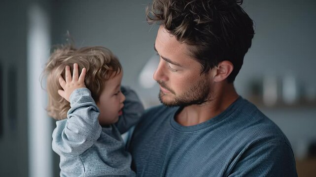 Caring father holds his distressed child in a cozy indoor setting, showcasing emotional connection and support during a challenging moment in their lives - Powered by Adobe