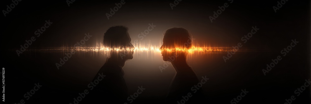 Poster audio waveform illuminates silhouettes in darkness, creating a striking visual effect during a silen
