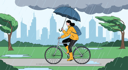 A person rides a bicycle through a park under a blue umbrella while it rains heavily with city buildings in the background