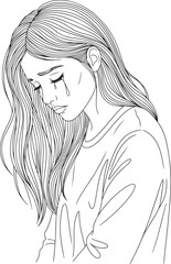 A vector illustration of a girl crying, with long flowing hair, conveying profound sadness and emotional pain