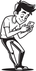 A vector illustration of a young man happily and casually engaged with his smartphone.